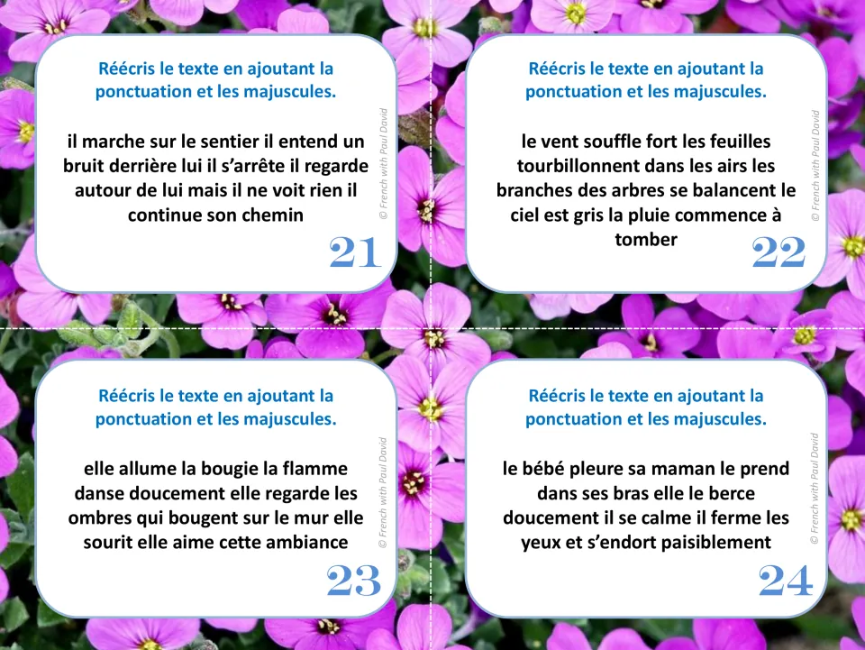 French punctuation cards 21–24: texts about a noise on a trail, wind and rain, a candle, and a crying baby.