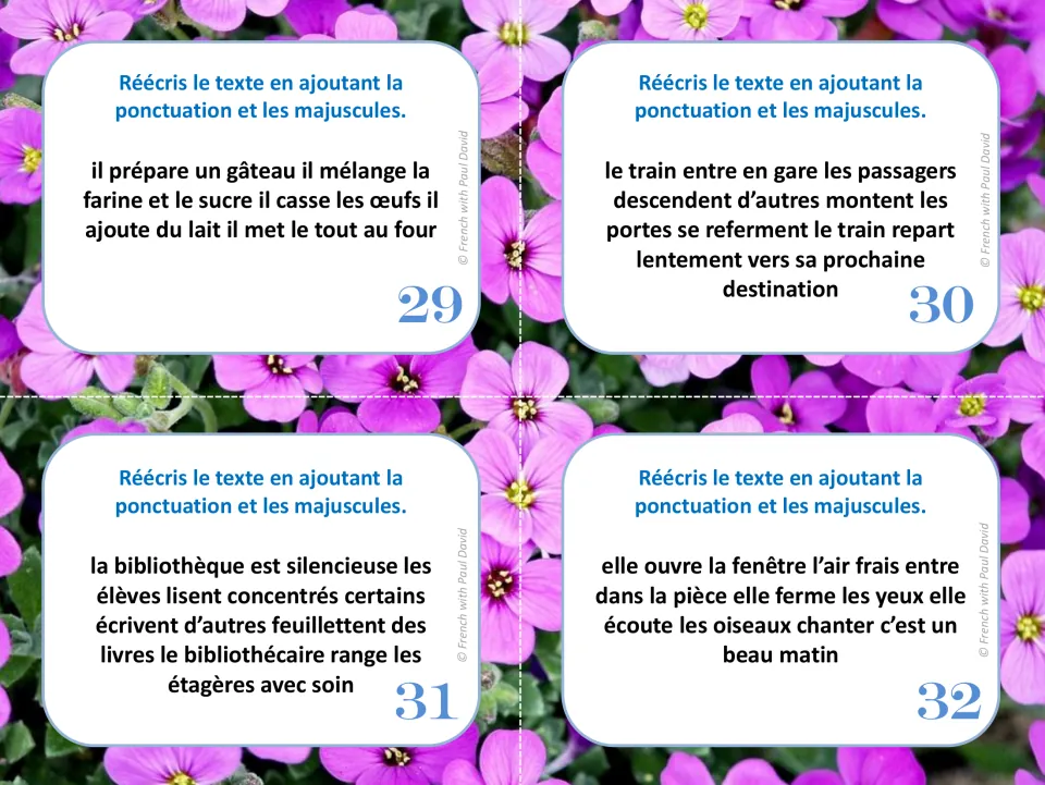 French punctuation cards 29–32: texts about making a cake, a train station, a library, and morning air.