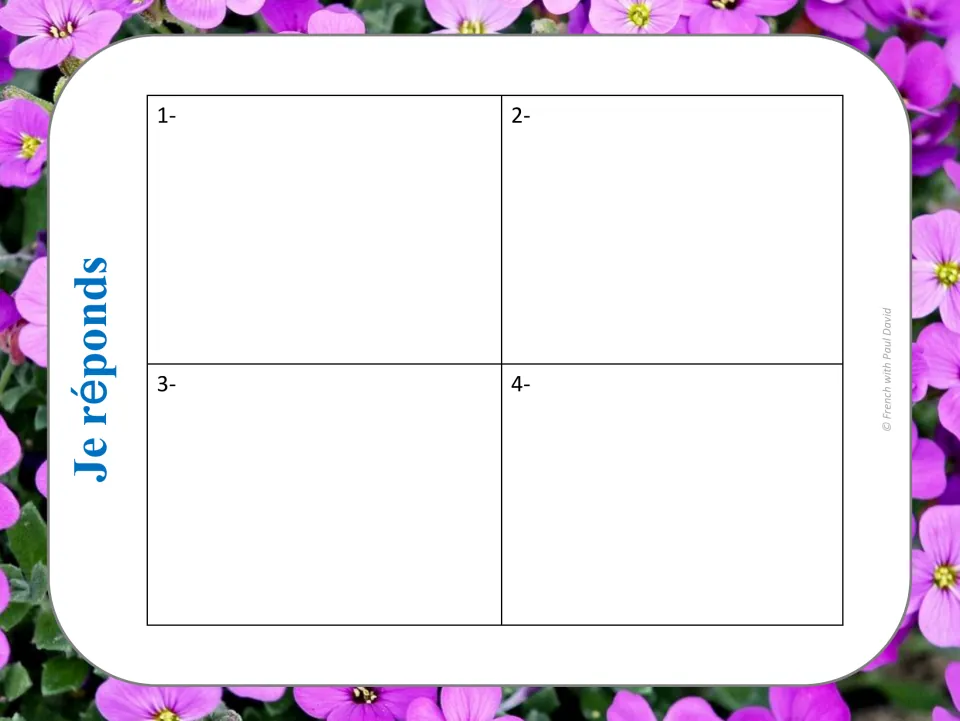 French punctuation response sheet for cards 1–4, headed “Je réponds” (I answer), for rewriting the texts.