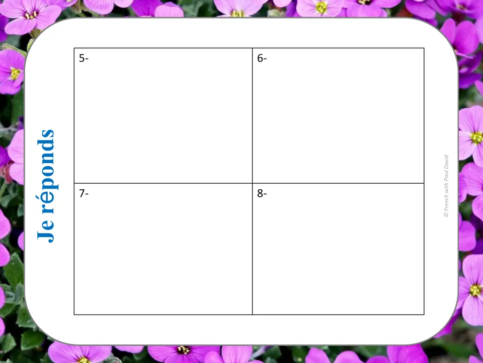 French punctuation response sheet for cards 5–8, headed “Je réponds” (I answer), for rewriting the texts.