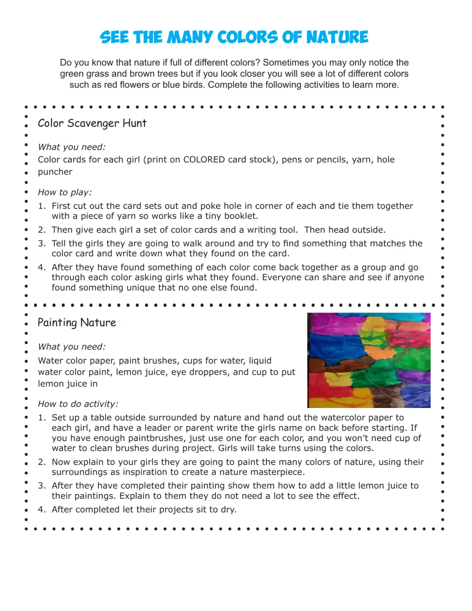 See the Many Colors of Nature: steps for a Color Scavenger Hunt and Painting Nature with watercolor and lemon juice