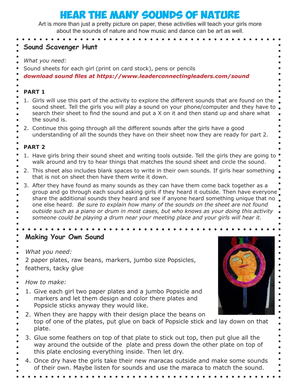 Hear the Many Sounds of Nature: two-part Sound Scavenger Hunt and Making Your Own Sound paper plate maracas