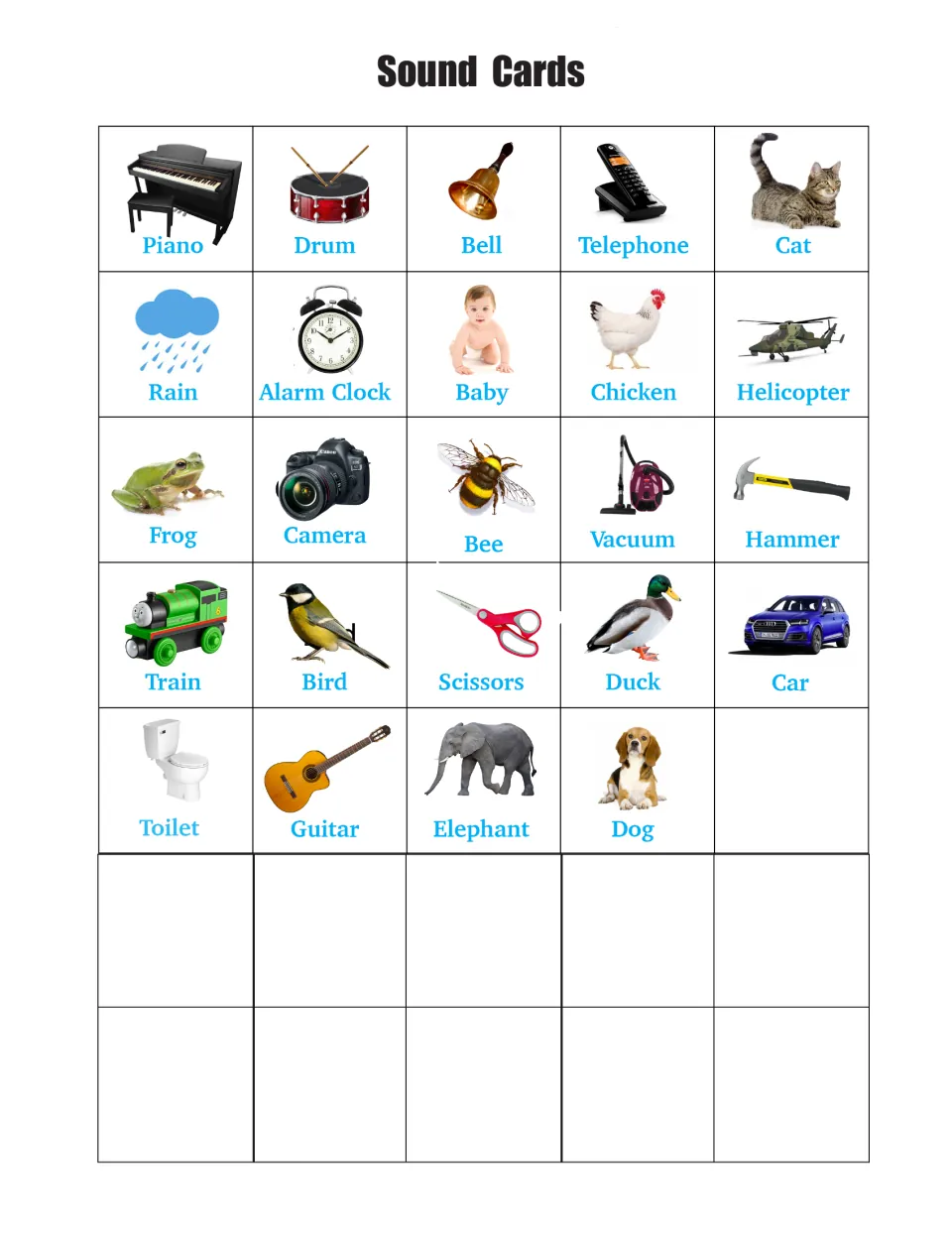 Sound Cards sheet for the Sound Scavenger Hunt: piano, drum, bell, frog and 20 more pictures, plus blank spaces