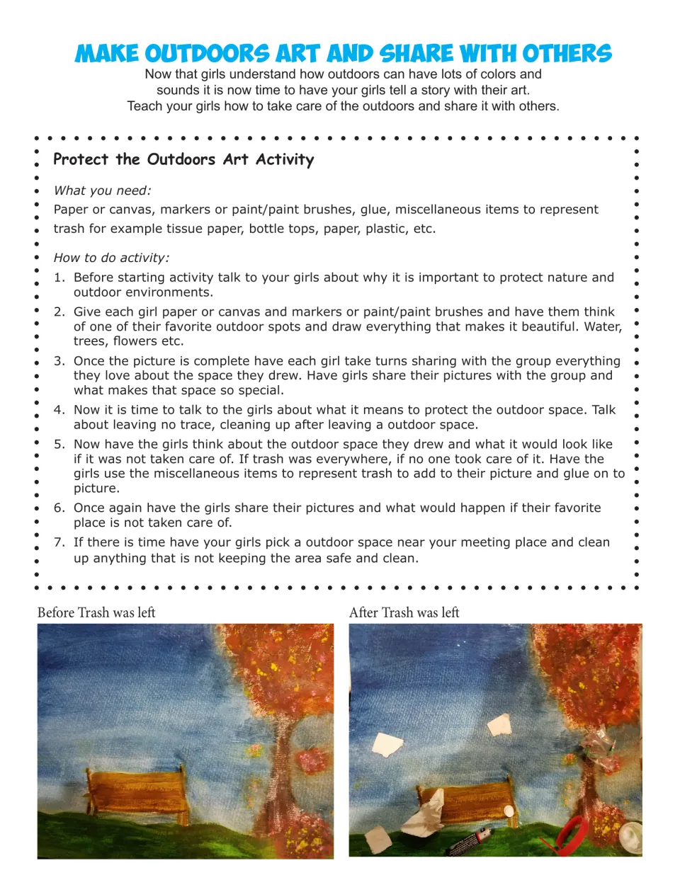 Make Outdoors Art and Share With Others: Protect the Outdoors art activity with before and after trash paintings