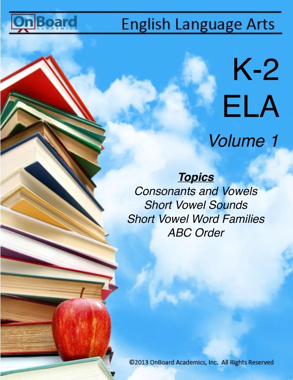 K-2 ELA Volume 1 workbook cover listing consonants and vowels, short vowel sounds, word families, and ABC order