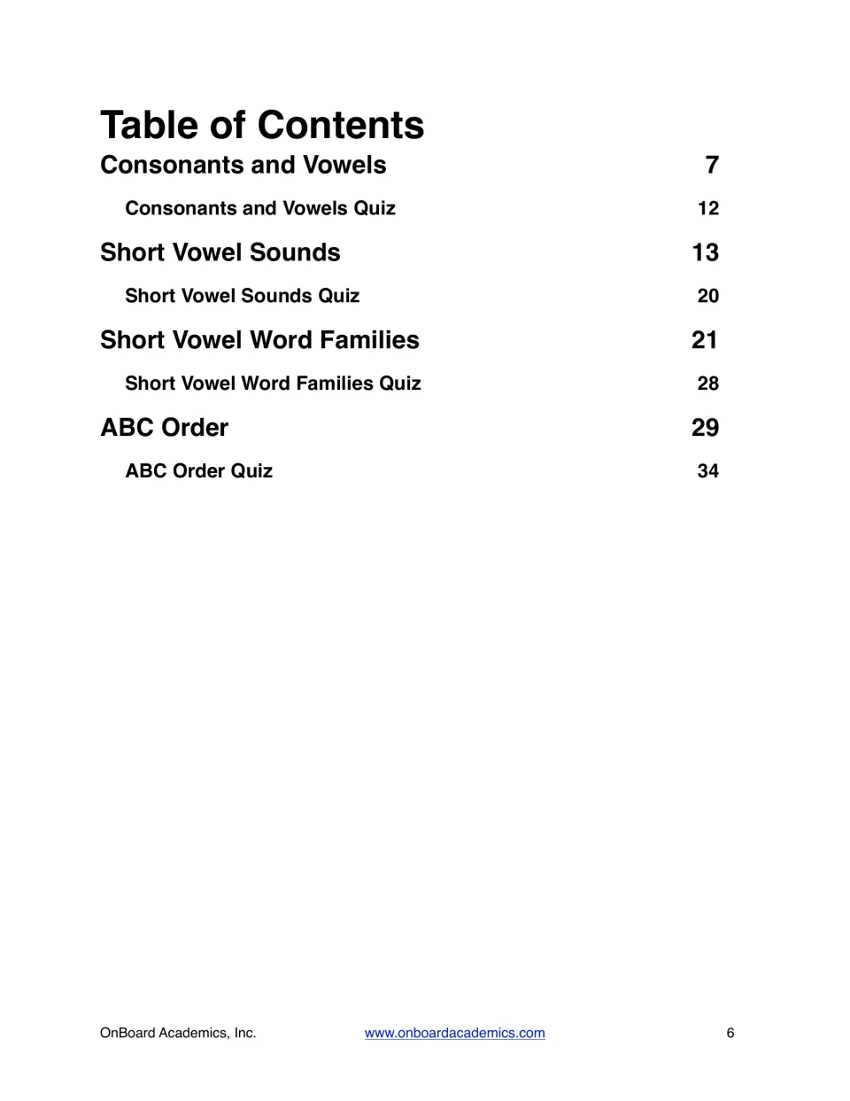 Workbook table of contents listing four topic sections and their quizzes, with page references from 7 to 34