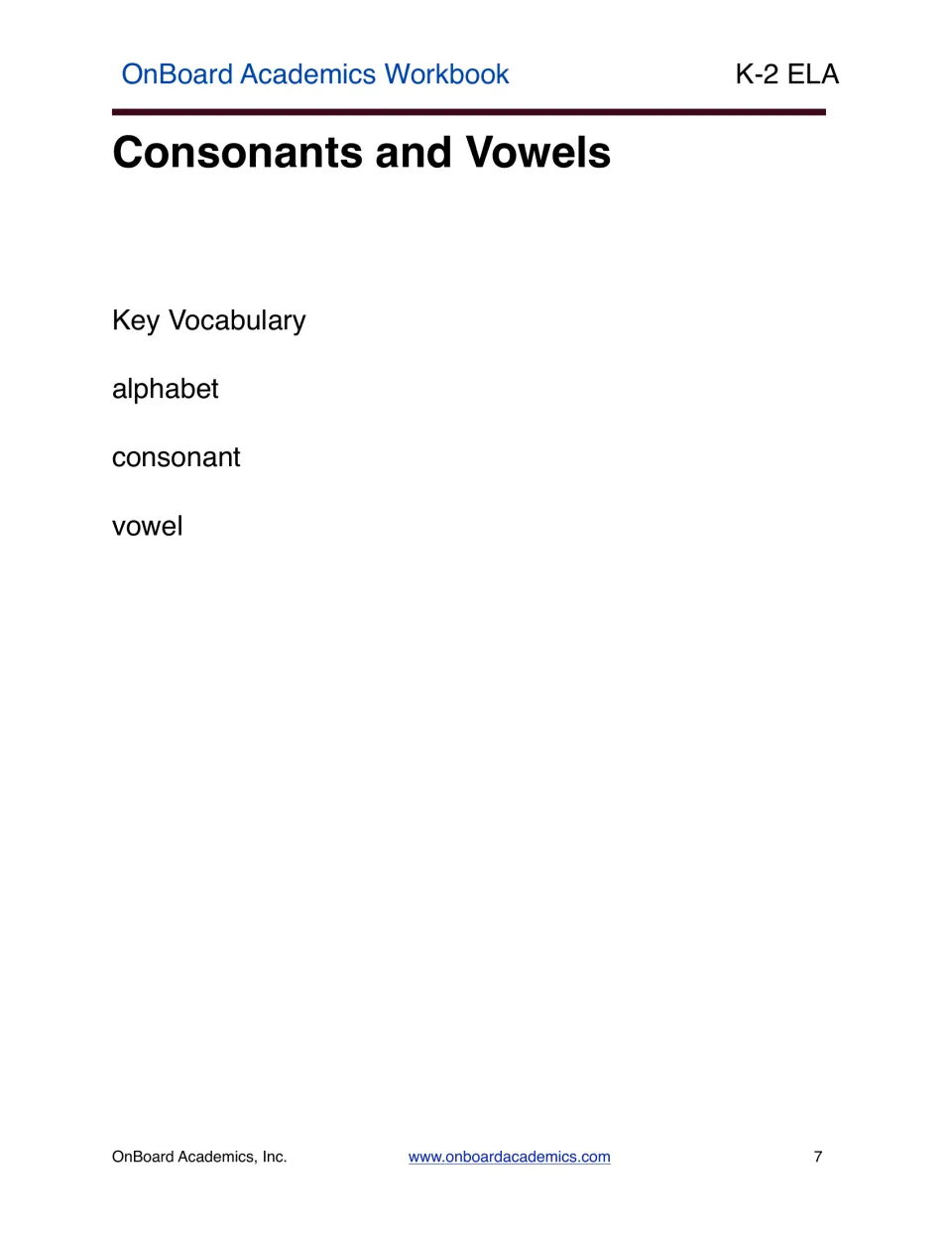 Consonants and Vowels section introduction naming alphabet, consonant, and vowel as its key vocabulary