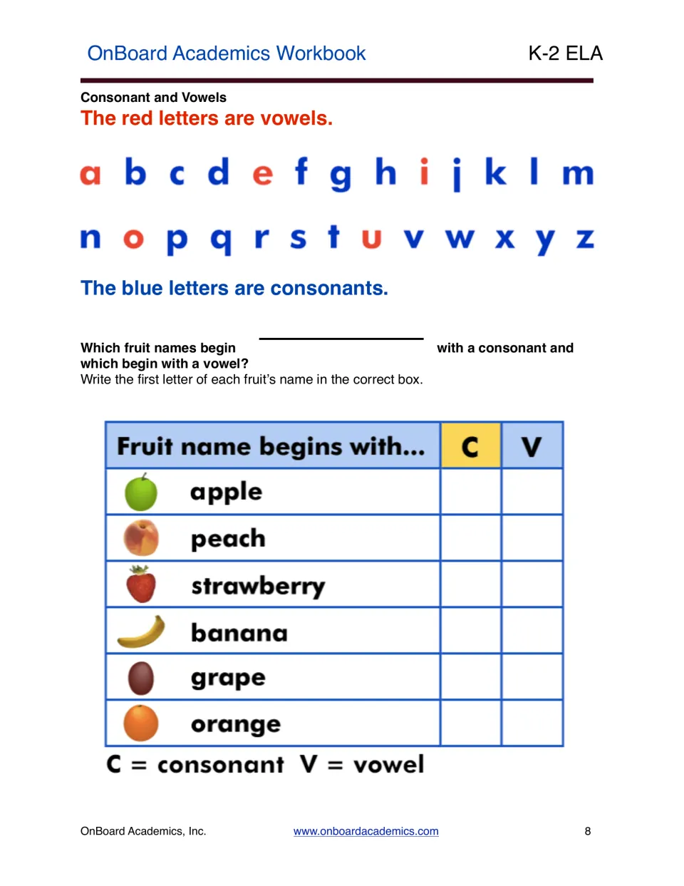 Consonant and vowel practice identifying the first letters of apple, peach, strawberry, banana, grape, and orange