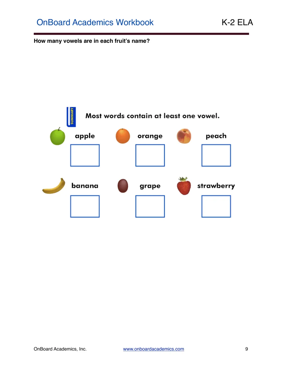 Vowel-counting practice using six fruit names: apple, orange, peach, banana, grape, and strawberry