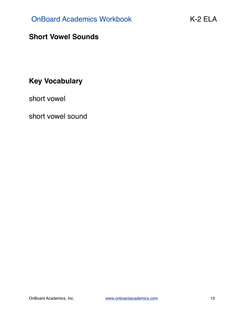 Short Vowel Sounds section introduction listing short vowel and short vowel sound as key vocabulary terms