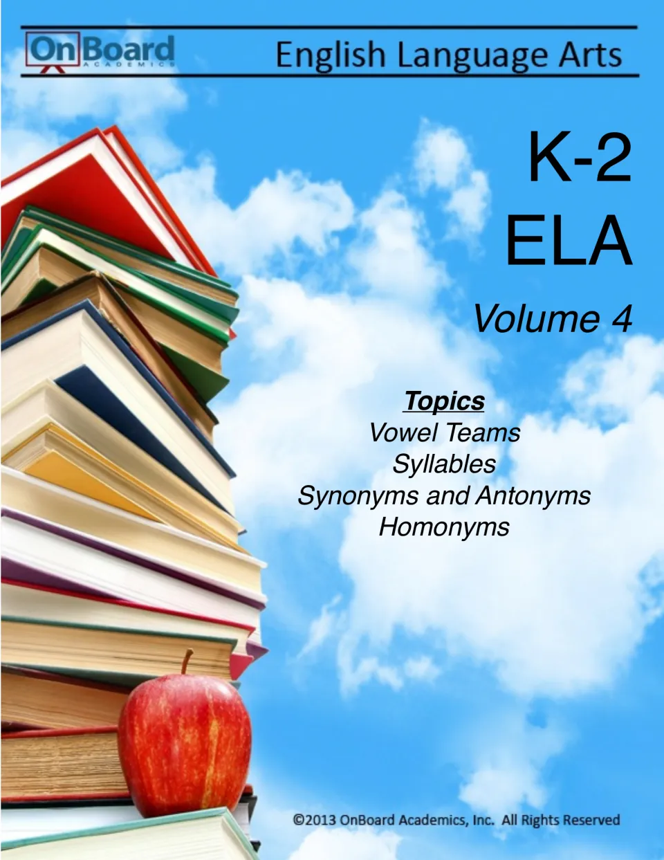 Workbook cover for K-2 ELA Volume 4, listing vowel teams, syllables, synonyms and antonyms, and homonyms