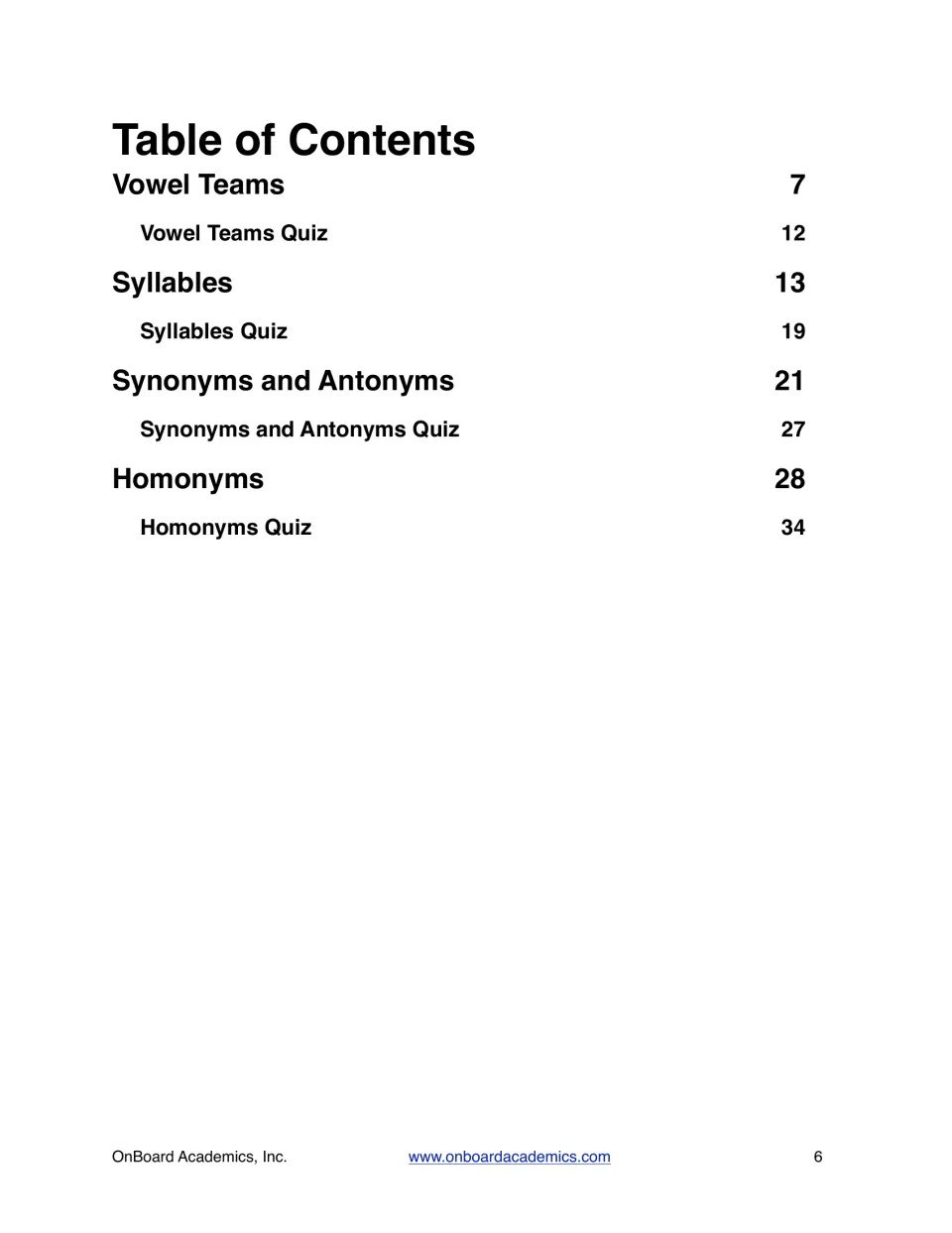 Workbook table of contents listing four language arts sections and the page numbers for each section’s quiz