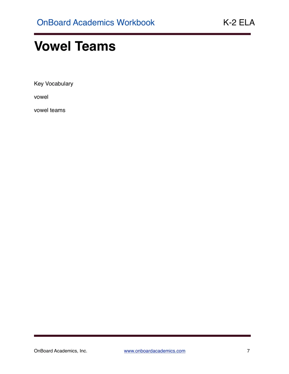 Vowel Teams section introduction identifying “vowel” and “vowel teams” as the workbook’s key vocabulary