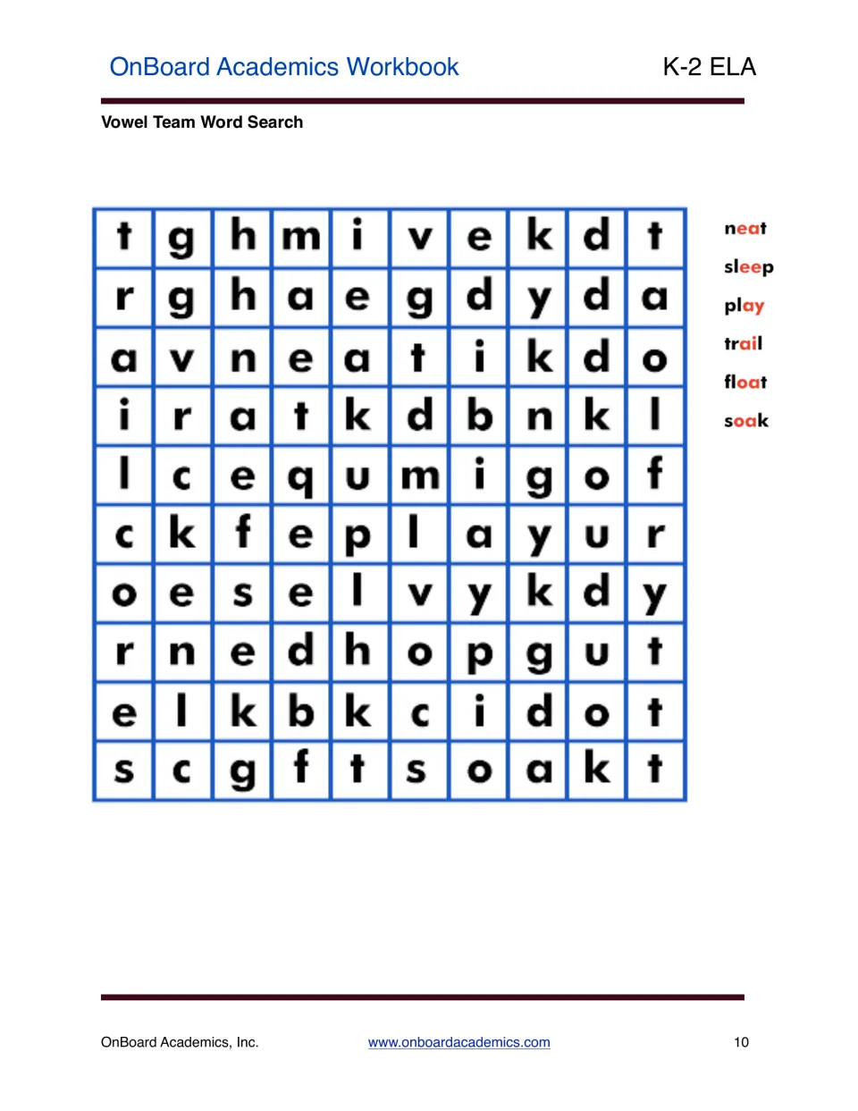 Vowel Team Word Search practice asking students to find the words neat, sleep, play, trail, float, and soak