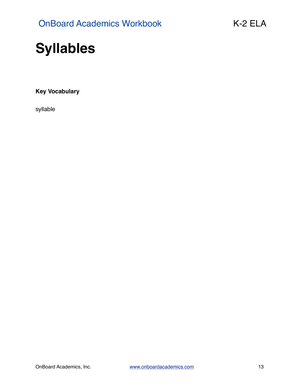 Syllables section introduction presenting “syllable” as the key vocabulary term for the next workbook topic