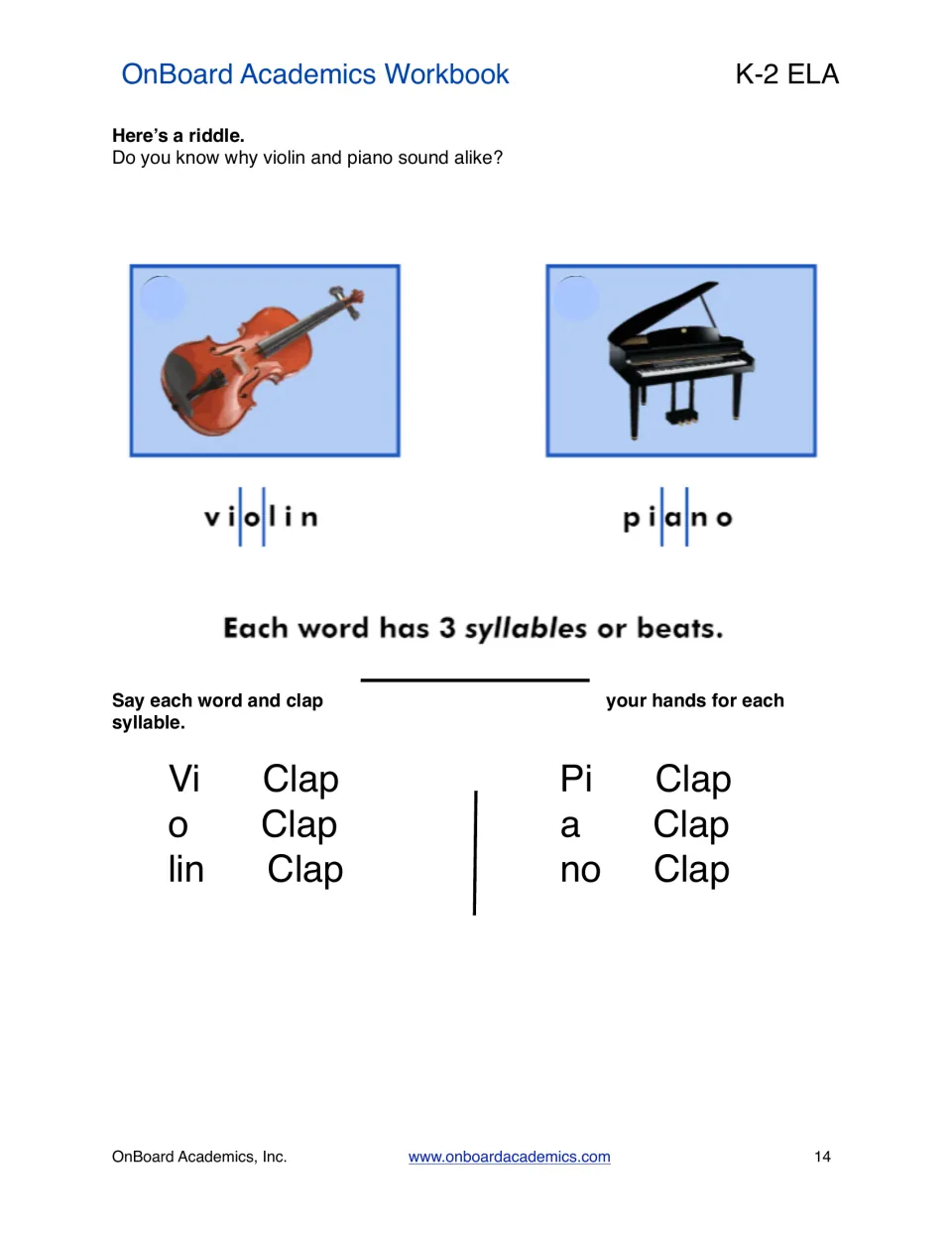 Syllables lesson comparing violin and piano as three-beat words, with directions to clap for each syllable