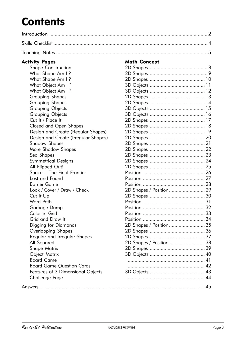Contents listing activity pages 8–44, such as Shape Construction and Shadow Shapes, with answers on page 45