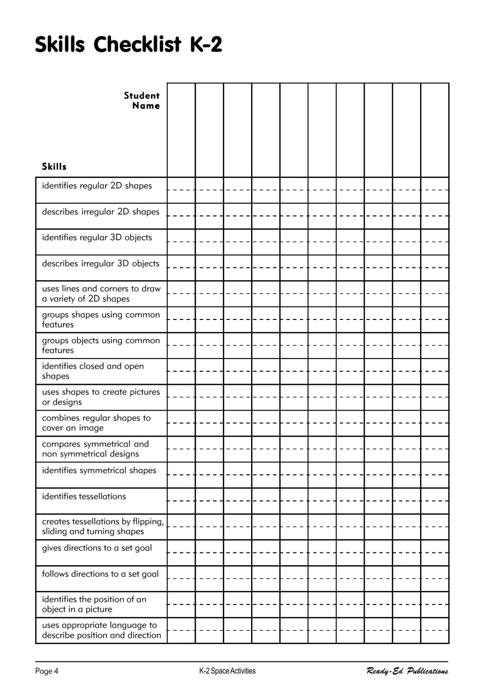 Skills Checklist K-2 for recording each student's skills, from identifying regular 2D shapes to position language