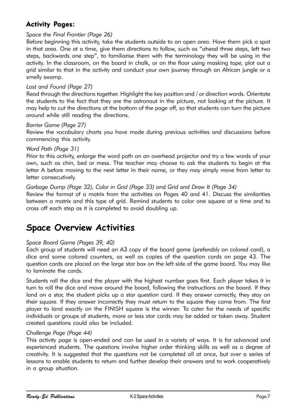 Teaching notes for Lost and Found, Word Path and other position pages, with space board game rules