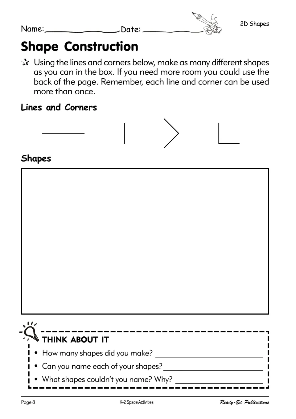 Shape Construction: draw as many 2D shapes as you can from given lines and corners, then name them