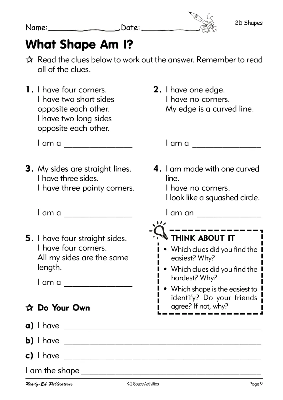 What Shape Am I? clue riddles for 5 shapes, like 'I have three sides', plus a write-your-own shape riddle