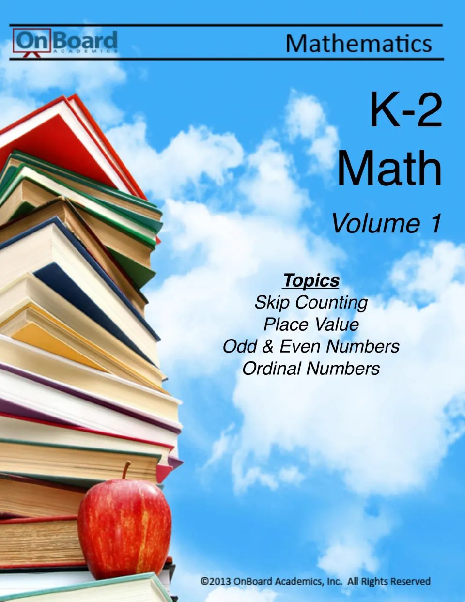 K-2 Math Volume 1 cover lists skip counting, place value, odd and even numbers, and ordinal numbers.
