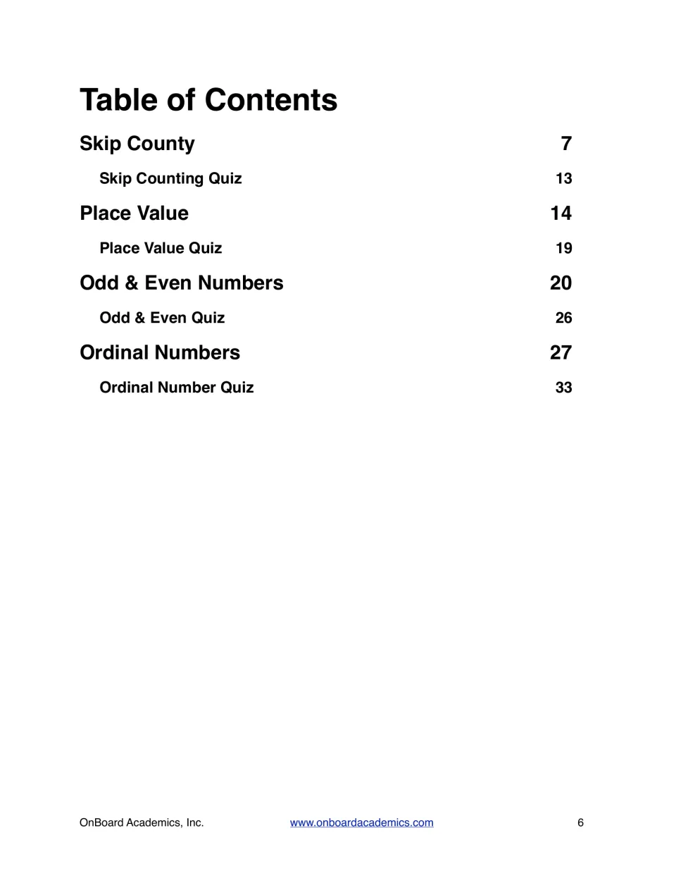 Workbook contents lists skip counting, place value, odd and even numbers, and ordinal numbers with quizzes.