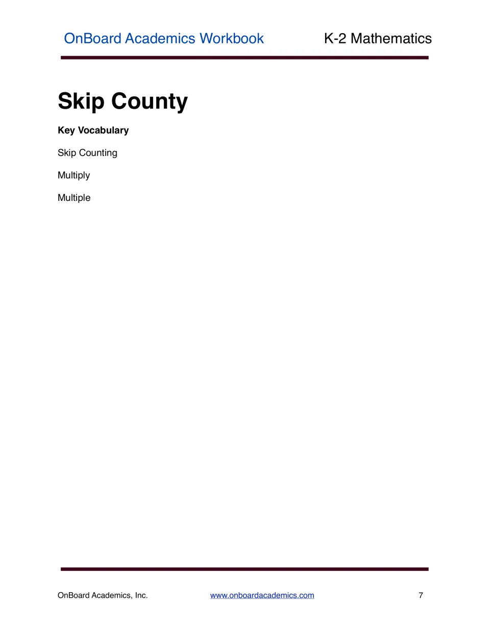 Skip counting section opener titled 'Skip County' lists key vocabulary: skip counting, multiply, and multiple.