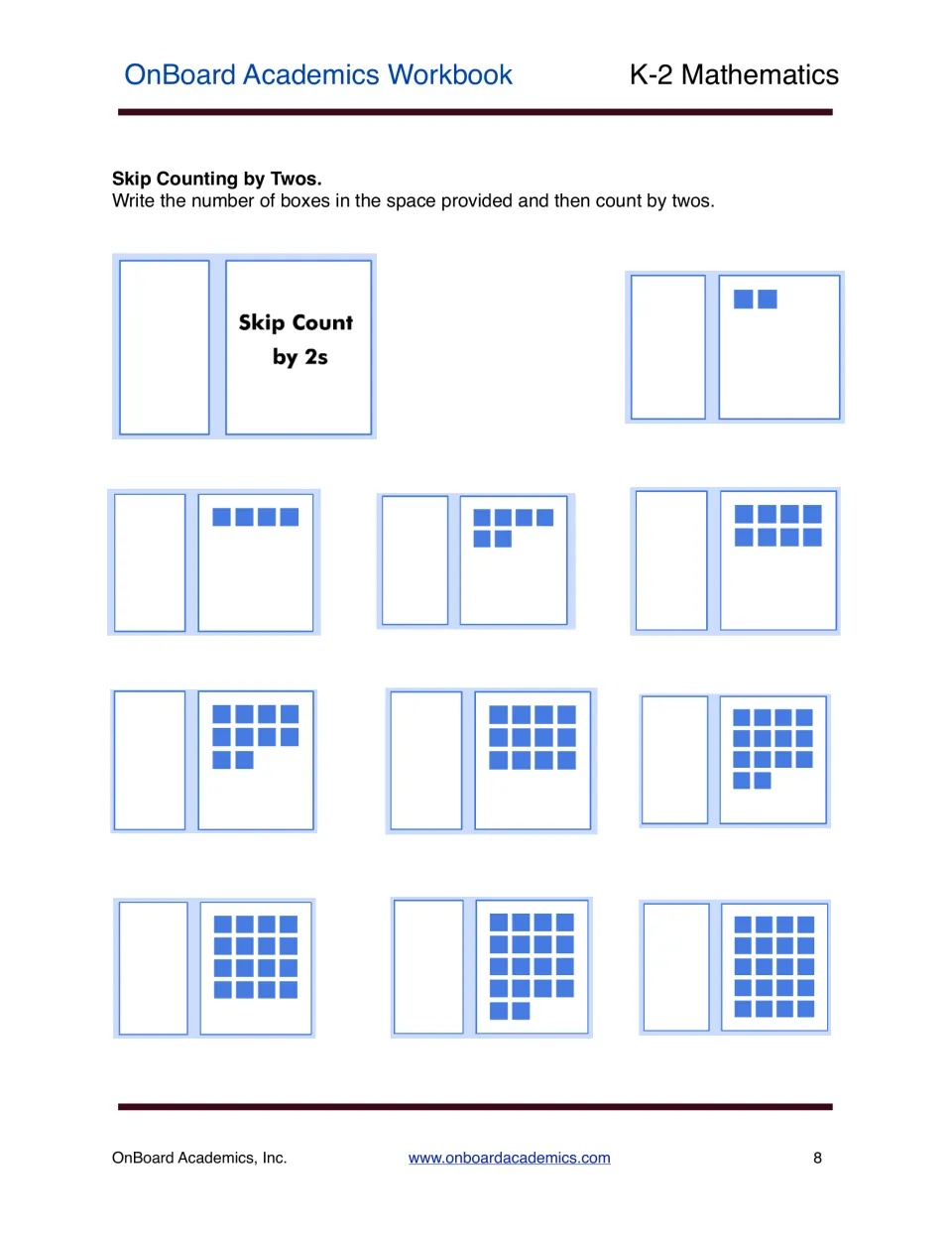 Skip counting by twos practice asks students to write totals for pictured groups from 2 to 20, then count by twos.