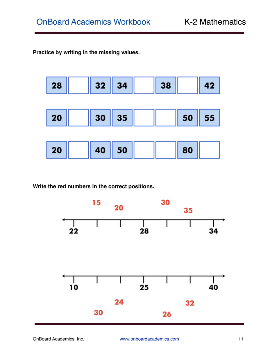 Skip counting practice includes missing values in sequences by 2, 5, and 10, plus placing numbers on number lines.
