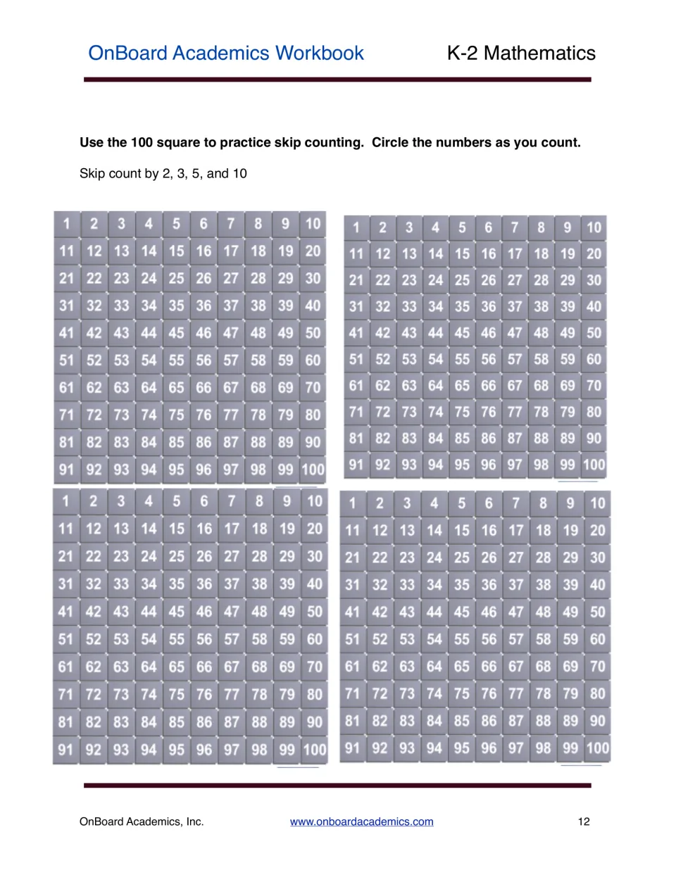 Skip counting practice provides four hundred charts for students to circle numbers while counting by 2, 3, 5, and 10.