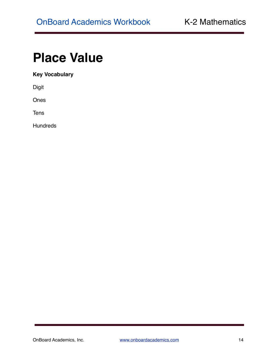 Place value section opener introduces the next workbook topic with key vocabulary: digit, ones, tens, and hundreds.
