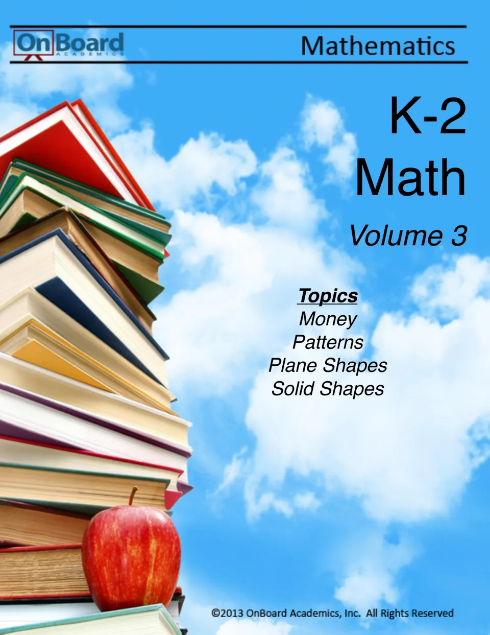 K-2 Math Volume 3 cover from OnBoard Academics listing four topics: money, patterns, plane shapes and solid shapes