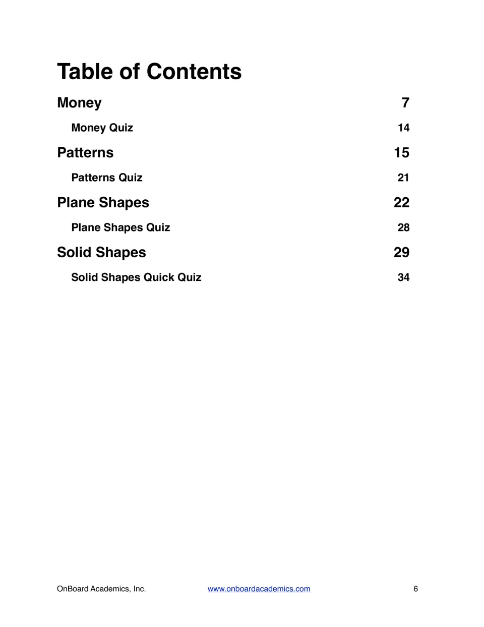 Table of contents listing Money, Patterns, Plane Shapes and Solid Shapes units, each followed by a quiz, with page numbers