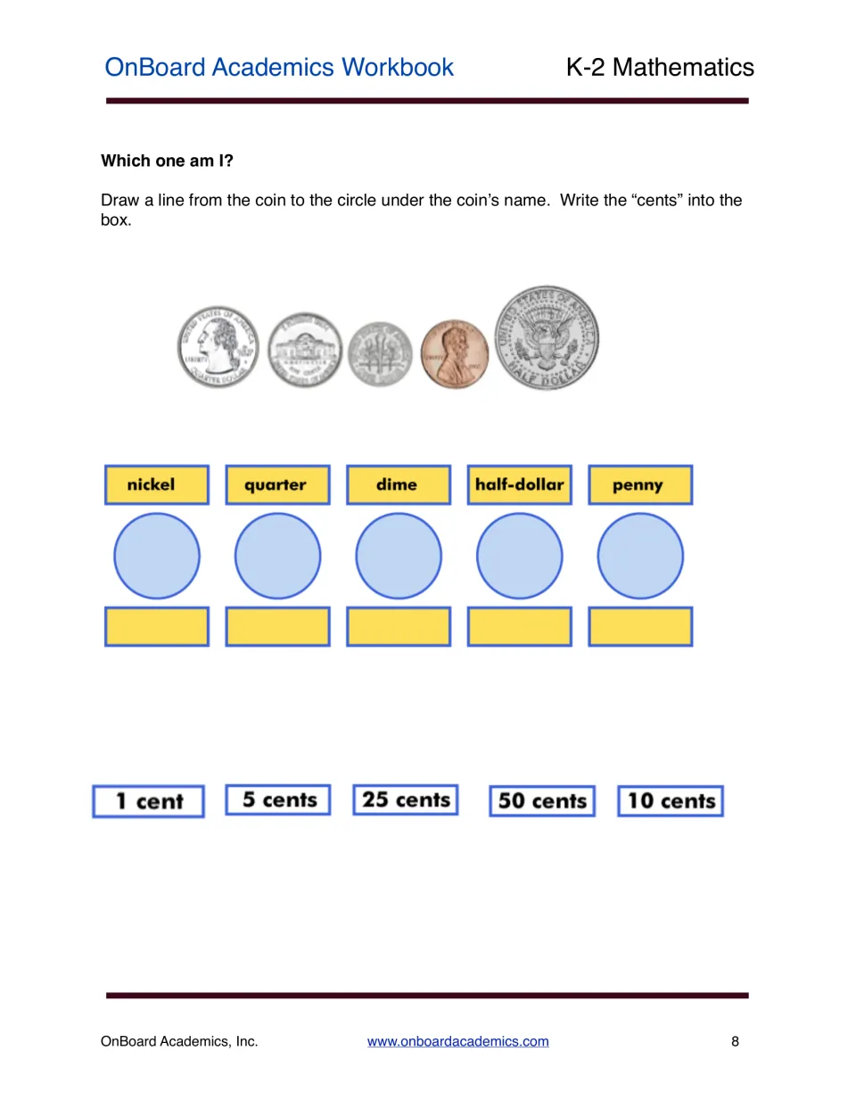 Coin identification, Which one am I?: students match five coin pictures to their names and write each value in cents