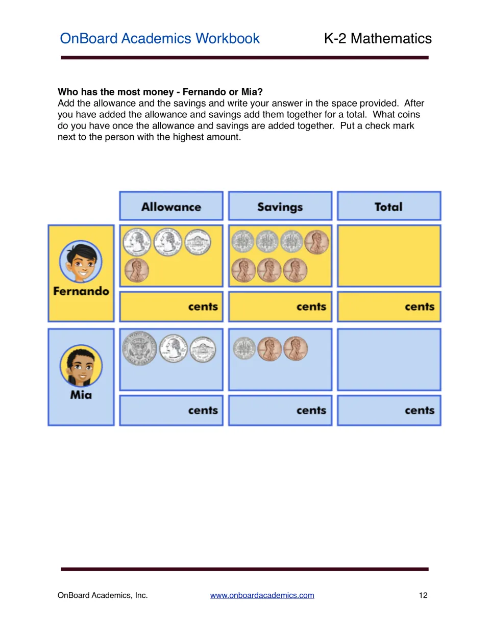 Comparing money totals: students add Fernando's and Mia's allowance and savings coins, then check who has the most
