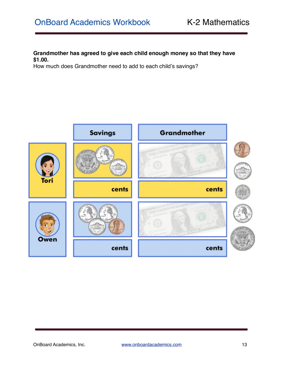 Making a dollar: students find how much Grandmother must add to Tori's and Owen's coin savings so each has $1.00