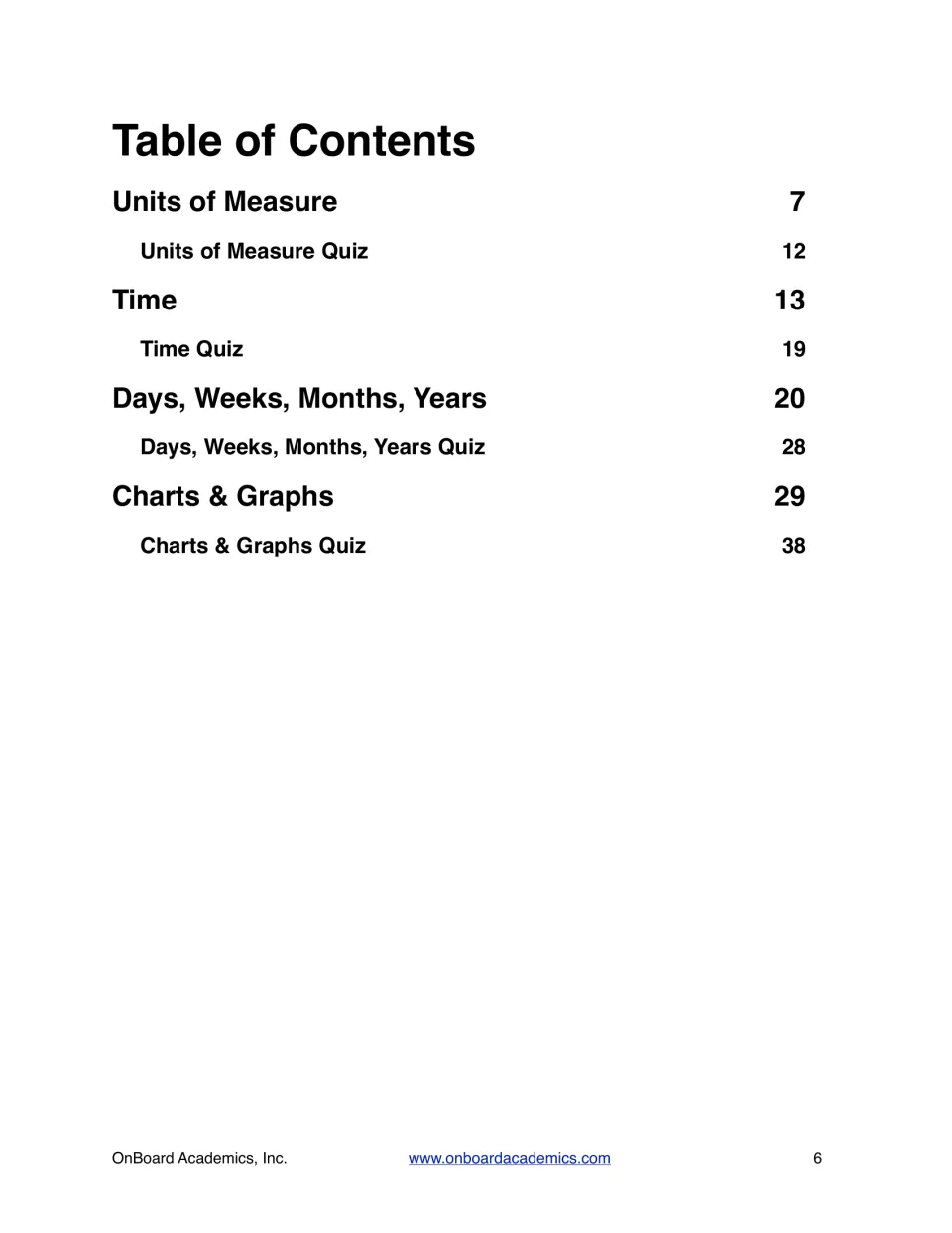 Workbook table of contents lists four math sections and their quizzes, with starting pages from 7 to 38.