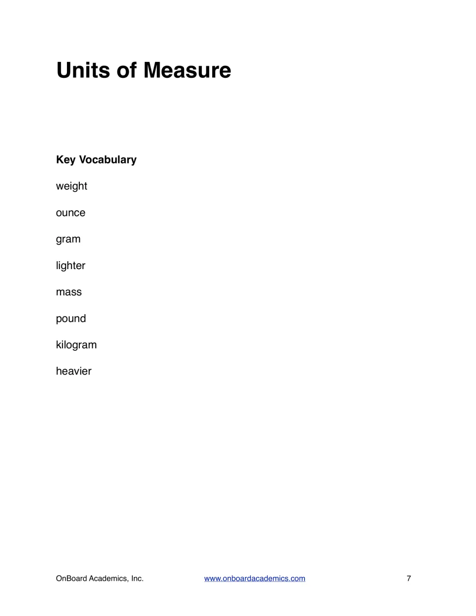 Units of Measure vocabulary page lists weight, ounce, gram, lighter, mass, pound, kilogram, and heavier.