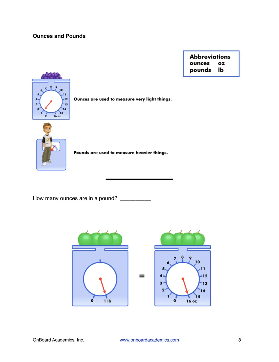 Ounces and Pounds lesson introduces oz and lb, compares light and heavy things, and shows 1 lb equals 16 oz.
