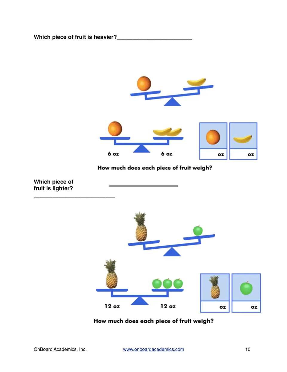 Fruit weight practice uses balances to compare oranges and bananas, then pineapples and apples, in ounces.