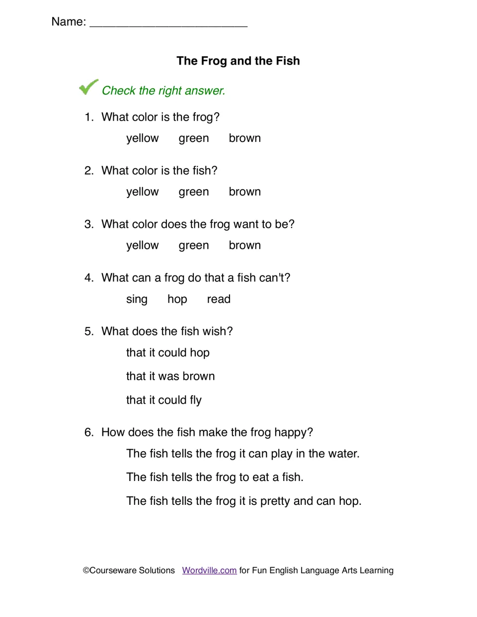 The Frog and the Fish questions: students check the right answer to 6 items on colors, hopping and what the fish wishes