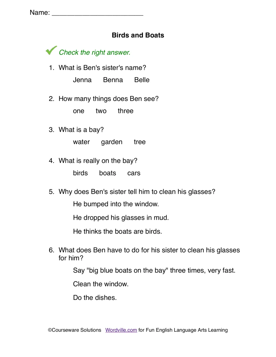 Birds and Boats questions: students check the right answer to 6 items about Belle, the bay and Ben's glasses