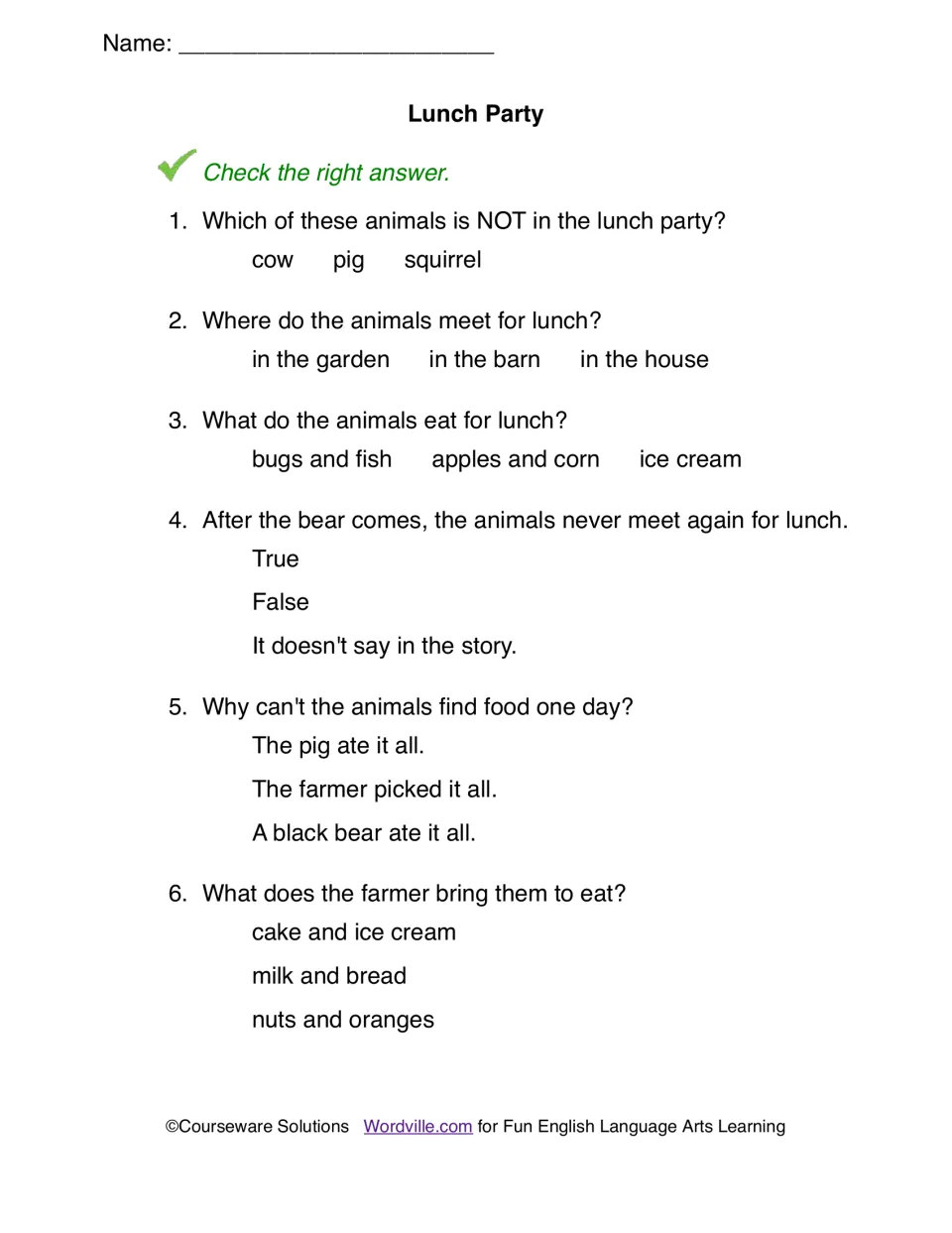 Lunch Party questions: students check the right answer to 6 items about the animals, their lunch, the bear and the farmer