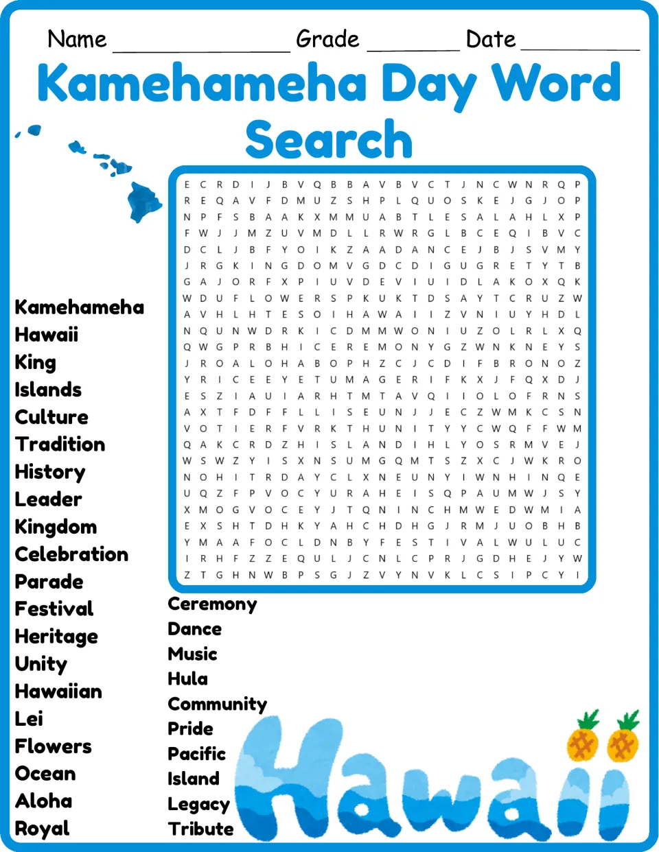 Color version of the holiday word search: Kamehameha, Hawaii, King, Islands, Culture and 25 more words