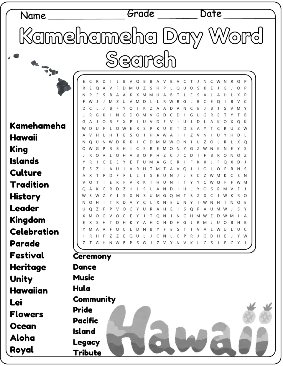 Black-and-white version of the same 30-word search about Hawaiian history, culture and traditions