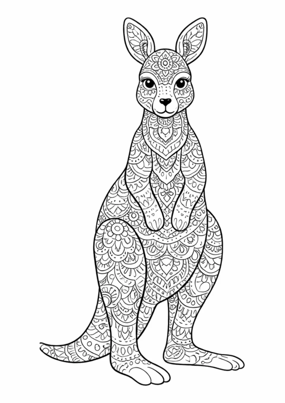 Kangaroo mandala coloring activity: an uncolored kangaroo filled with floral and curved patterns.