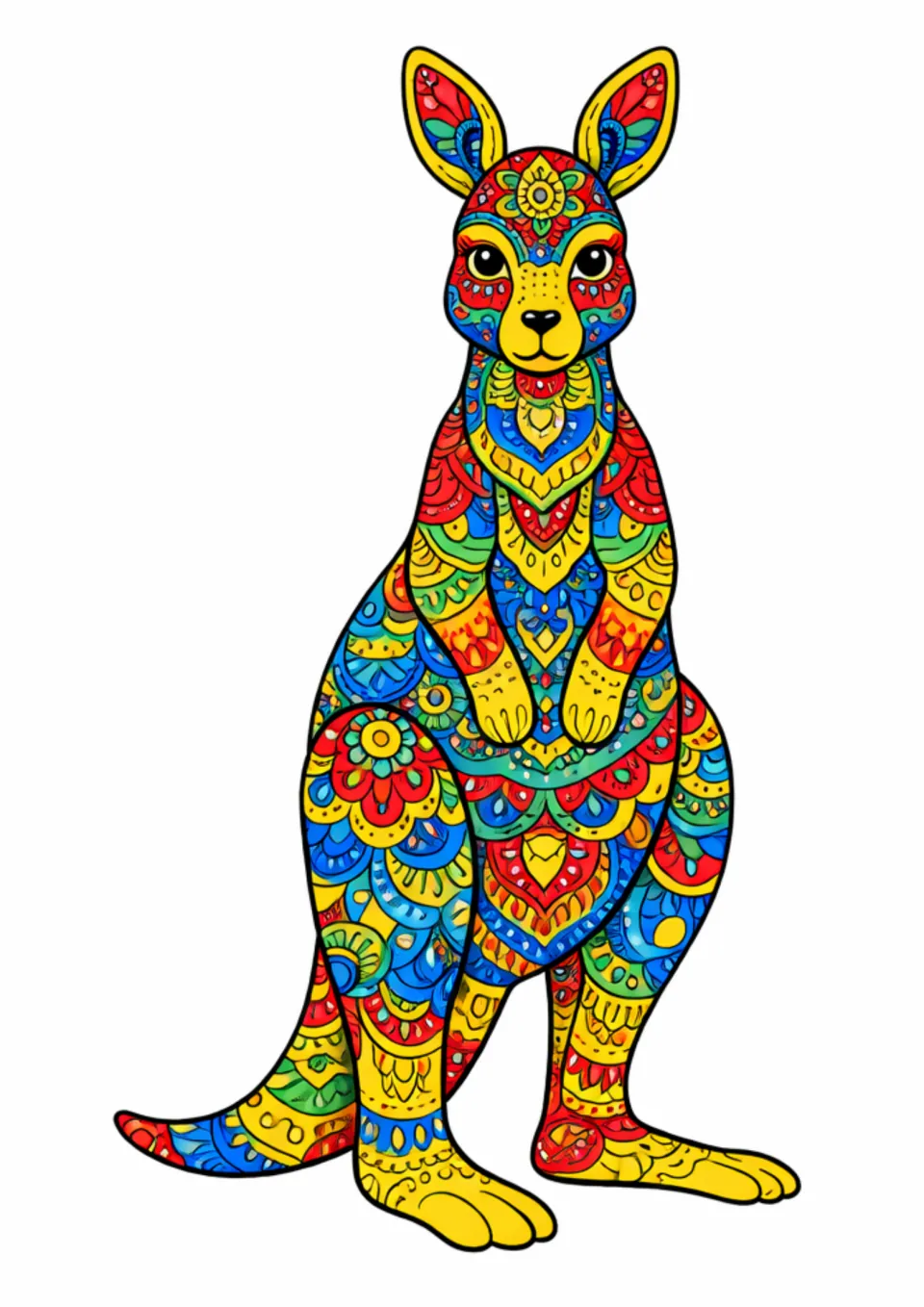 Colored example for the kangaroo mandala activity, using yellow, red, blue, and green throughout.