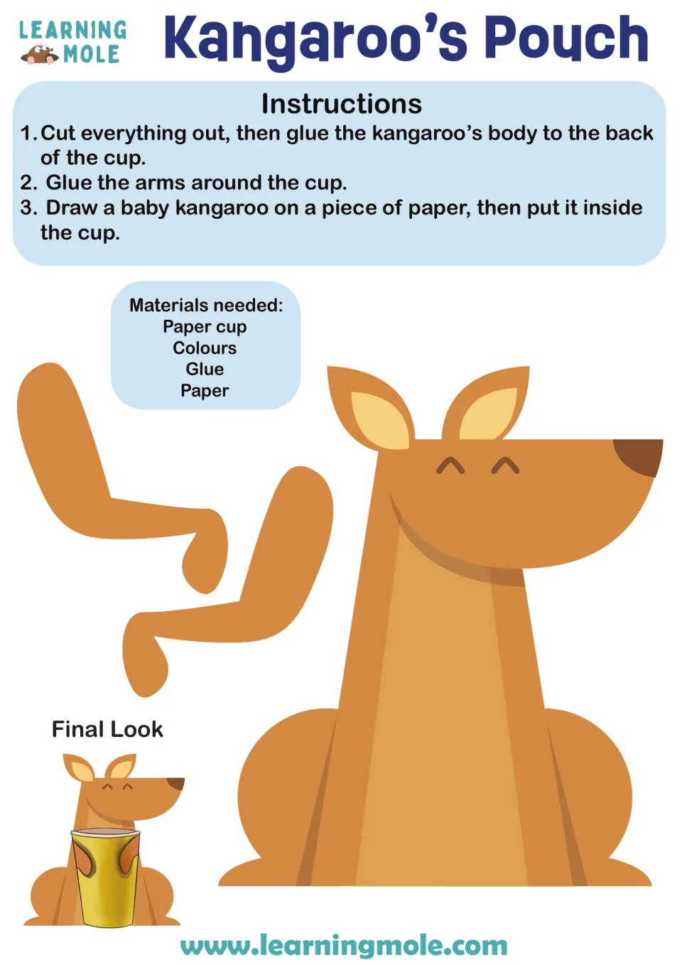 Kangaroo pouch craft: students cut out a kangaroo body and arms, glue them to a paper cup and draw a baby to put inside