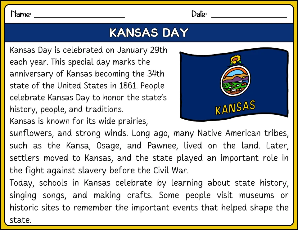 Color reading passage about January 29, Kansas statehood in 1861, Native American tribes, and celebrations